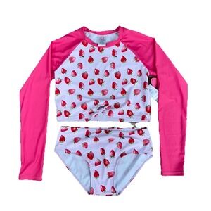 NWT Sol Swimsuit 2 Pc Rash Guard Set Girls Size 16 Top 14 Bottom Pink Strawberry